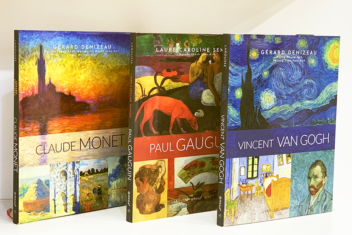 Bộ sách danh họa Larousse: Claude Monet, Paul Gaugin, Vicent Van Gogh (từ trái sang). Ảnh: Đông A.