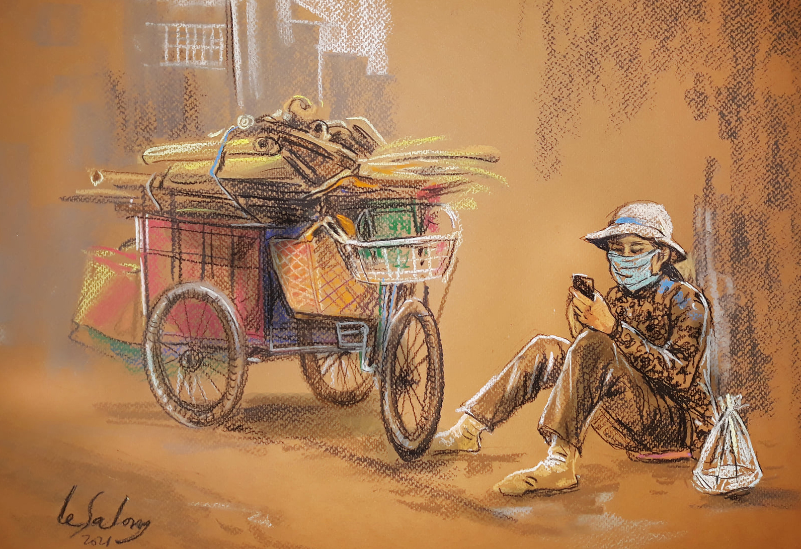 Tác phẩm Phút nghỉ trưa của người mua ve chai, nằm trong bộ tranh Sài Gòn trong những ngày giãn cách, của họa sĩ Lê Sa Long.