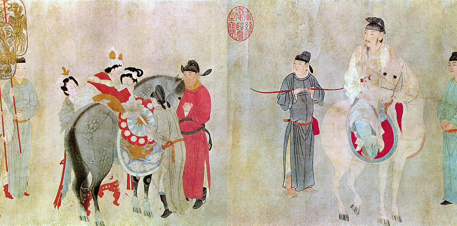 Một phần bức tranh Dương Quý Phi lên ngựa của họa sĩ Tiền Tuyển đời Nguyên, miêu tả cảnh Đường Huyền Tông và quý phi chuẩn bị đi chơi, vua đã lên ngựa, ngoái lại nhìn quý phi. Ảnh: Fineartamerica